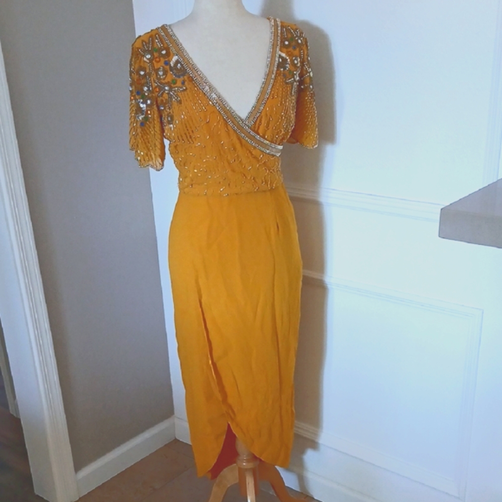Virgos Lounge Gold Midi Wrap Dress with Flutter Sleeves